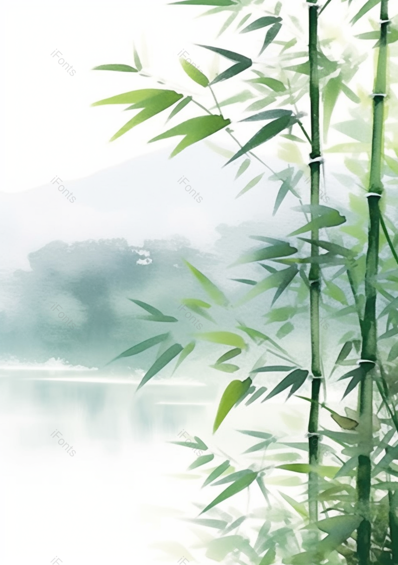 中国风水彩画彩色水彩插画湖泊岸边的竹林竹子竹叶远处的山峰雾气弥漫的背景插画,插画/手绘图,插画/手绘图库,插画/手绘图下载,插画/手绘